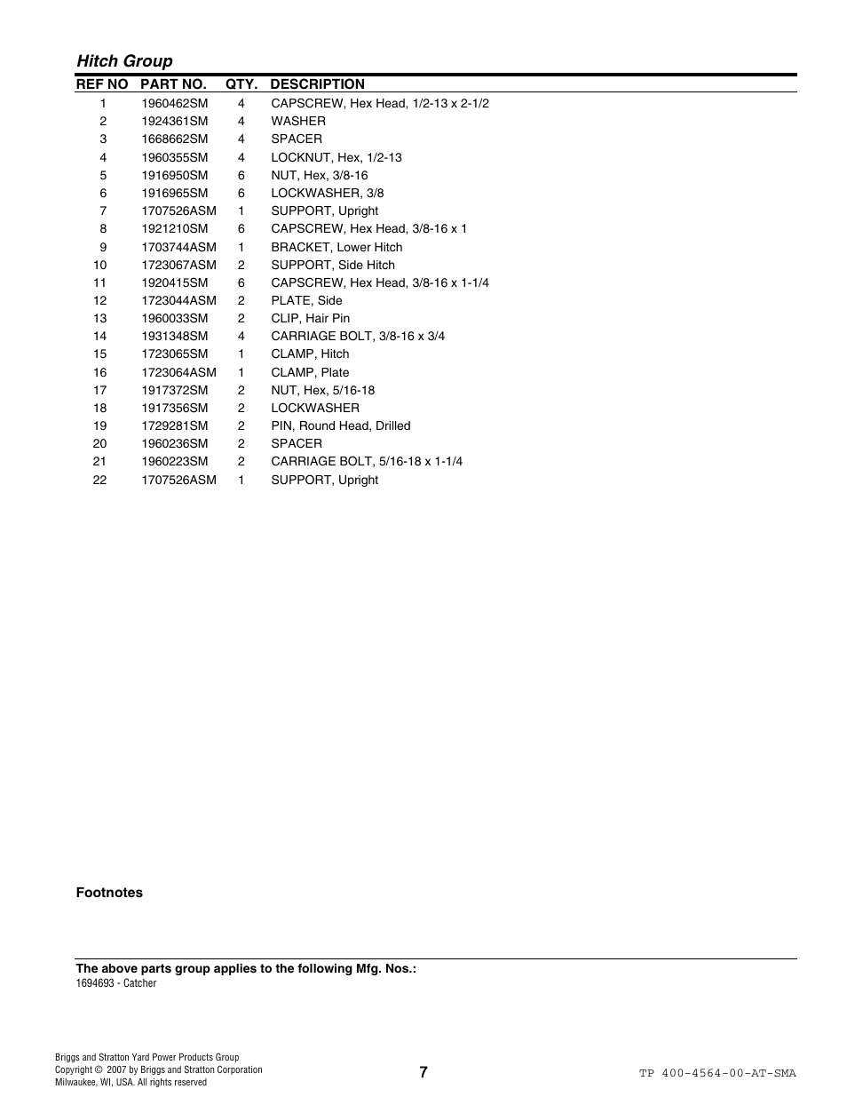 Hitch group | Snapper 4564 User Manual | Page 7 / 12