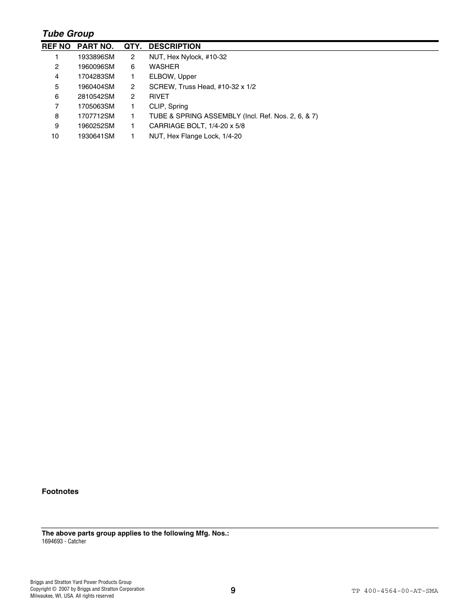 Tube group | Snapper 4564 User Manual | Page 9 / 12
