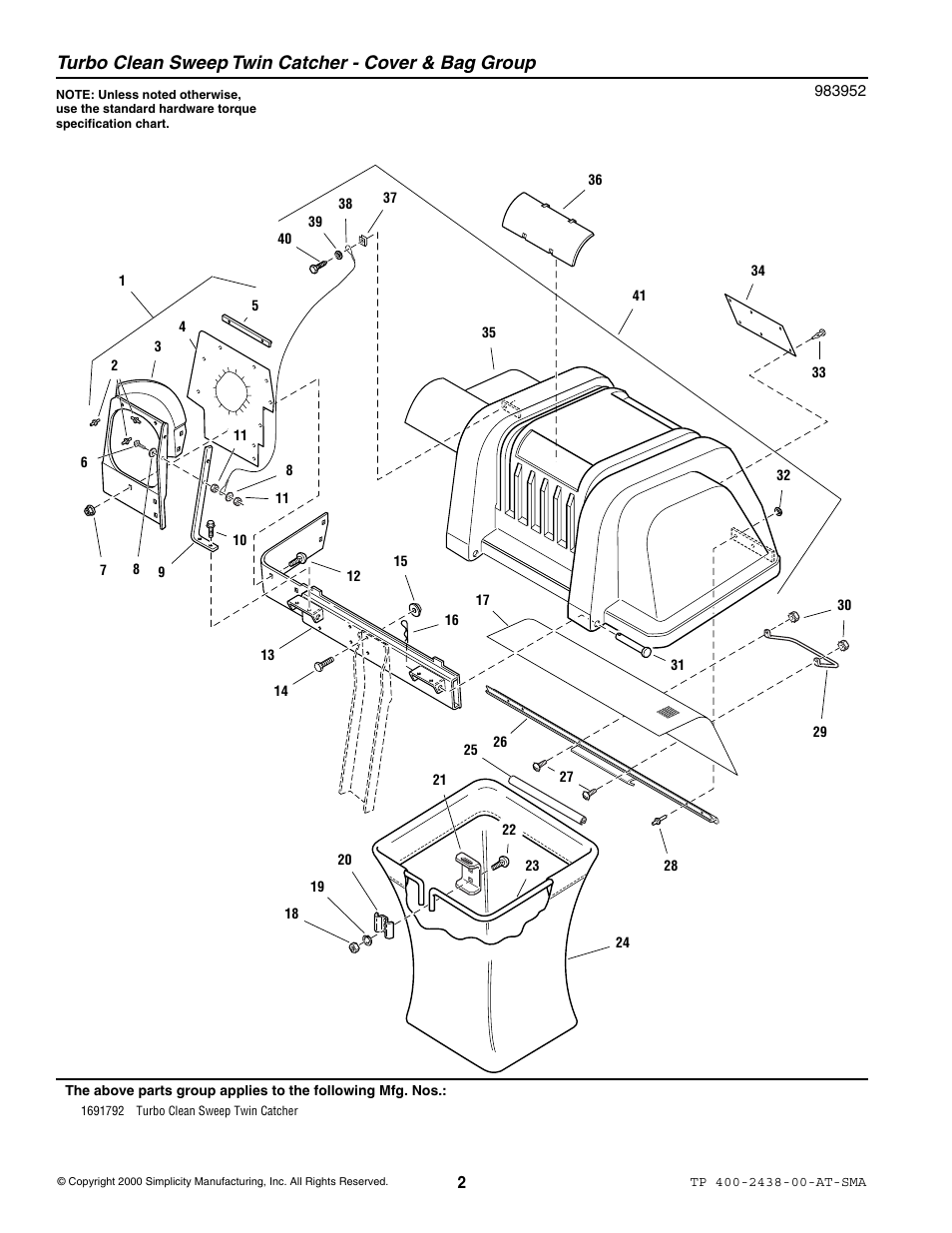 Turbo clean sweep twin catcher - cover & bag group | Snapper 2438 User Manual | Page 2 / 8