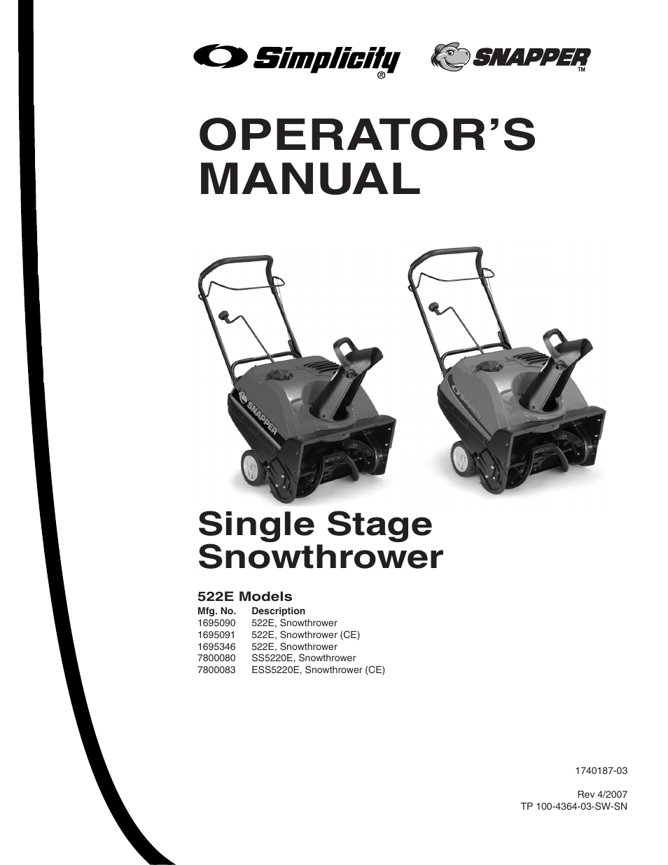 Snapper 522E User Manual | 26 pages