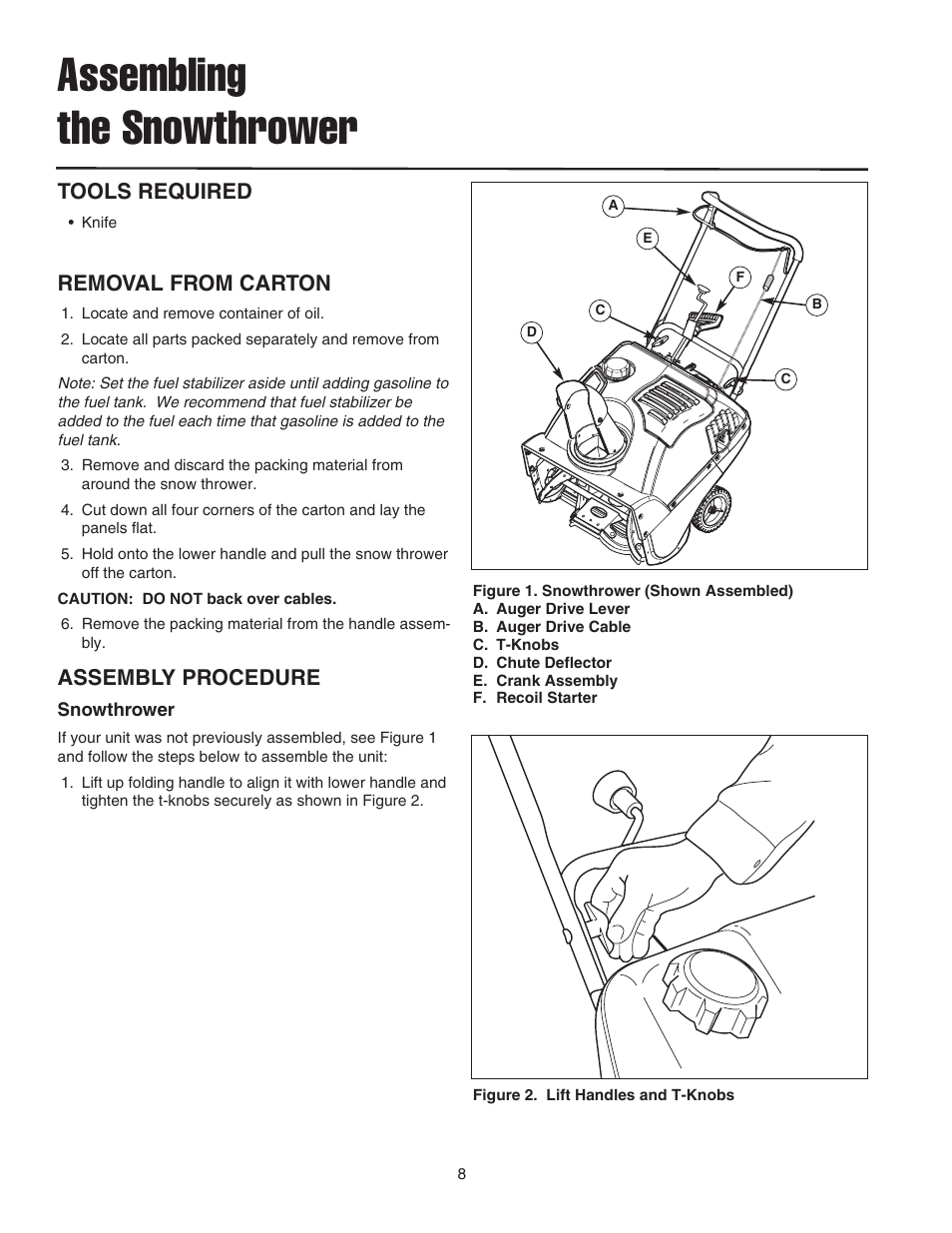 Assembling the snowthrower, Tools required, Removal from carton | Assembly procedure | Snapper 522E User Manual | Page 10 / 26