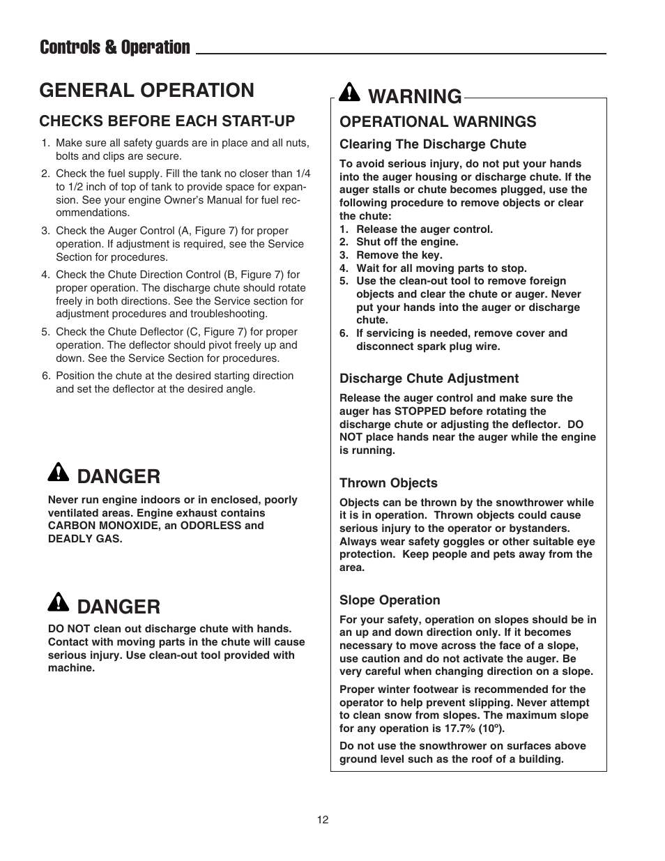 General operation, Controls & operation, Danger | Warning, Checks before each start-up, Operational warnings | Snapper 522E User Manual | Page 14 / 26