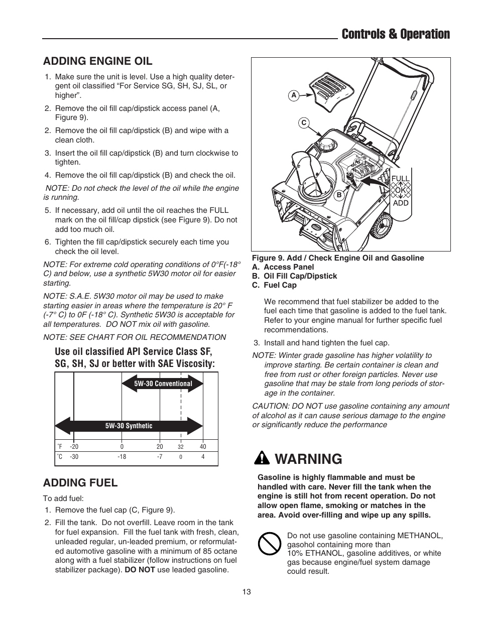 Controls & operation, Warning, Adding engine oil | Adding fuel | Snapper 522E User Manual | Page 15 / 26