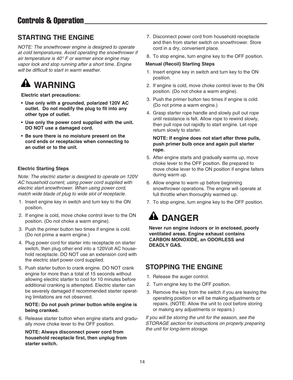 Controls & operation, Warning, Danger | Starting the engine, Stopping the engine | Snapper 522E User Manual | Page 16 / 26