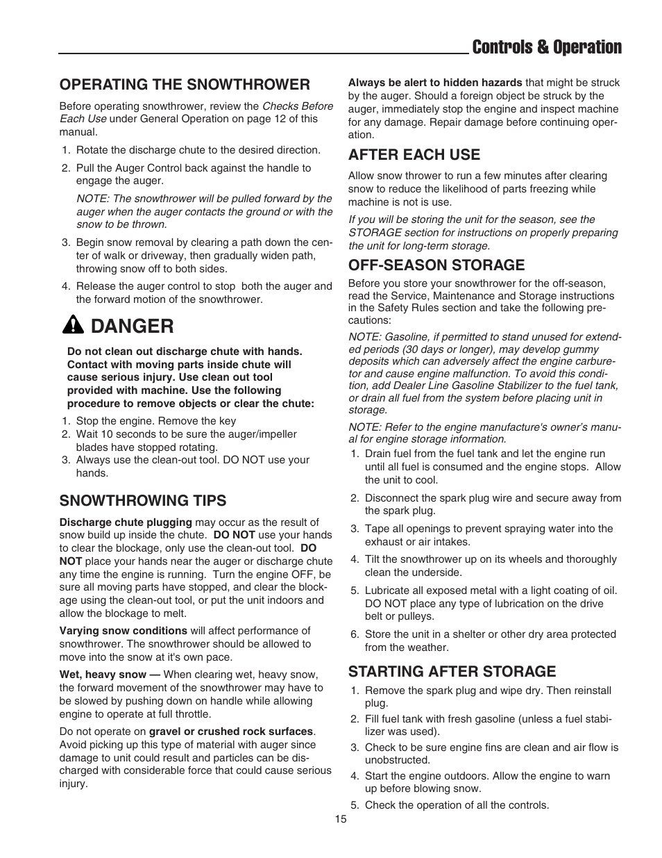 Controls & operation, Danger, Operating the snowthrower | Snowthrowing tips, After each use, Off-season storage, Starting after storage | Snapper 522E User Manual | Page 17 / 26