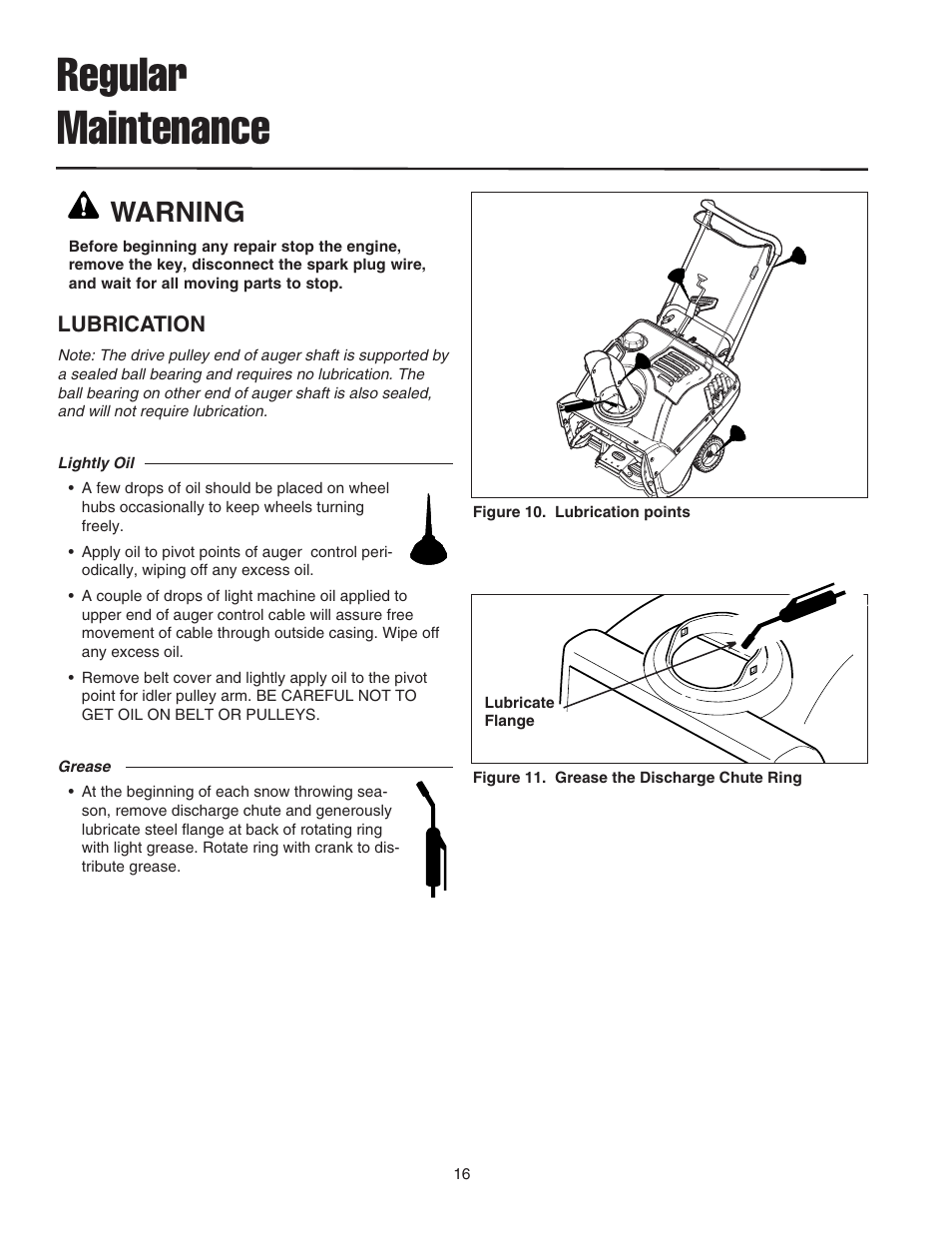 Regular maintenance, Warning, Lubrication | Snapper 522E User Manual | Page 18 / 26