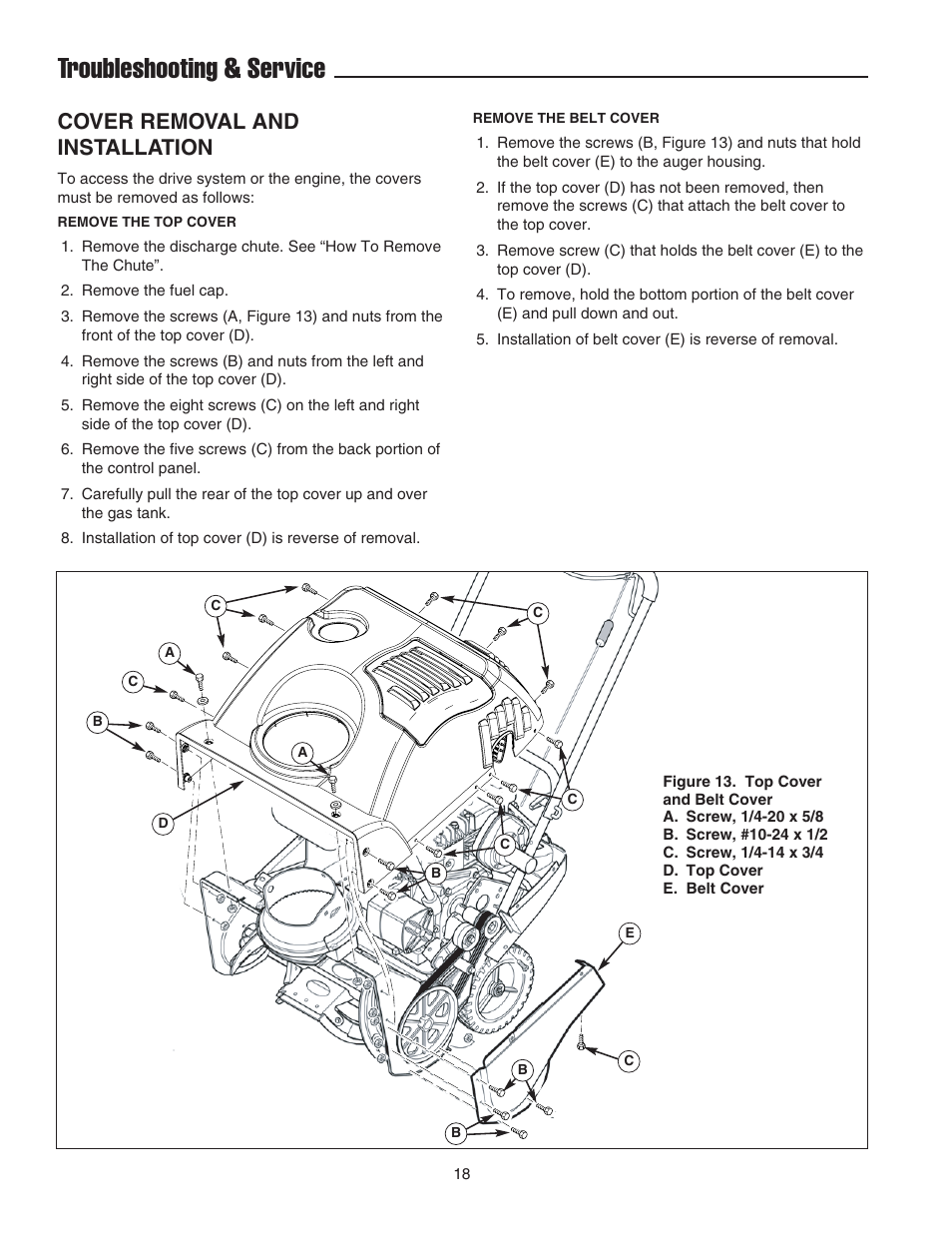 Troubleshooting & service, Cover removal and installation | Snapper 522E User Manual | Page 20 / 26