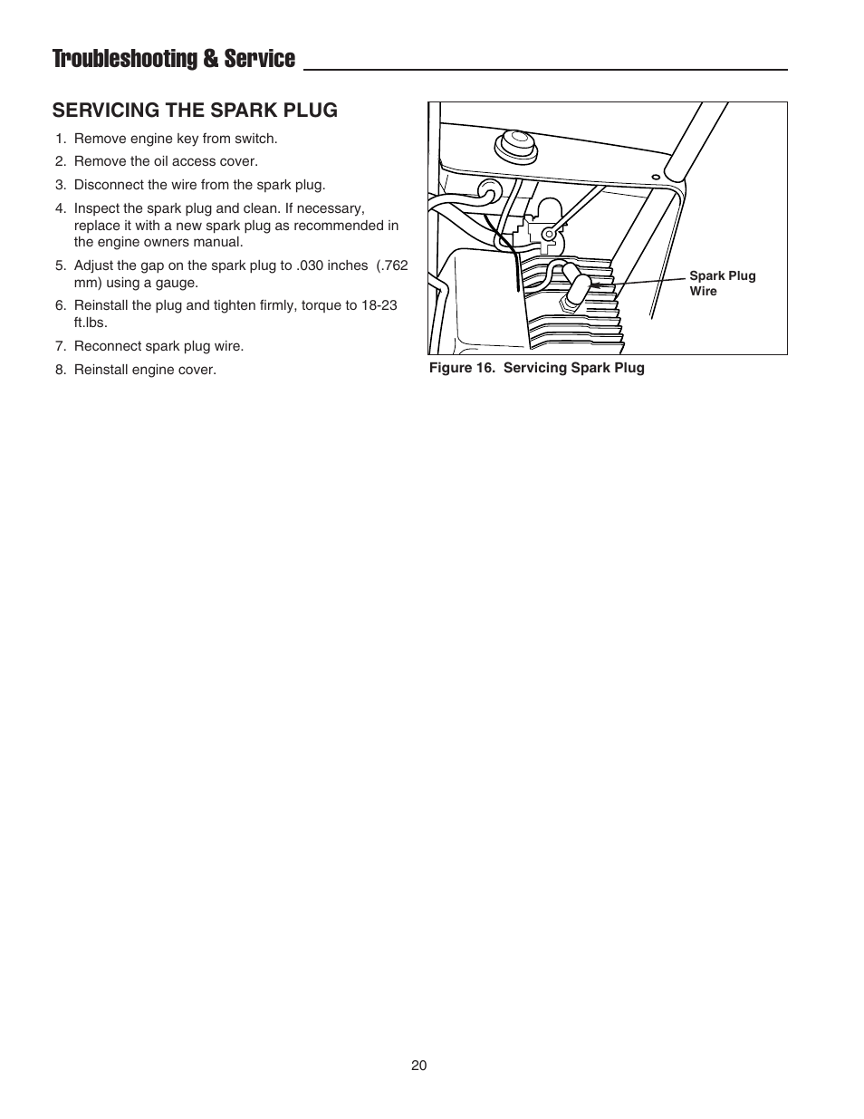 Troubleshooting & service, Servicing the spark plug | Snapper 522E User Manual | Page 22 / 26