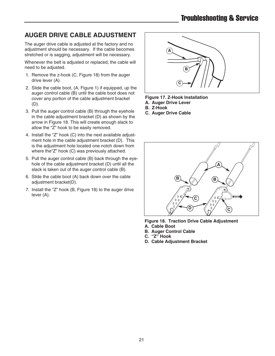 Troubleshooting & service, Auger drive cable adjustment | Snapper 522E User Manual | Page 23 / 26