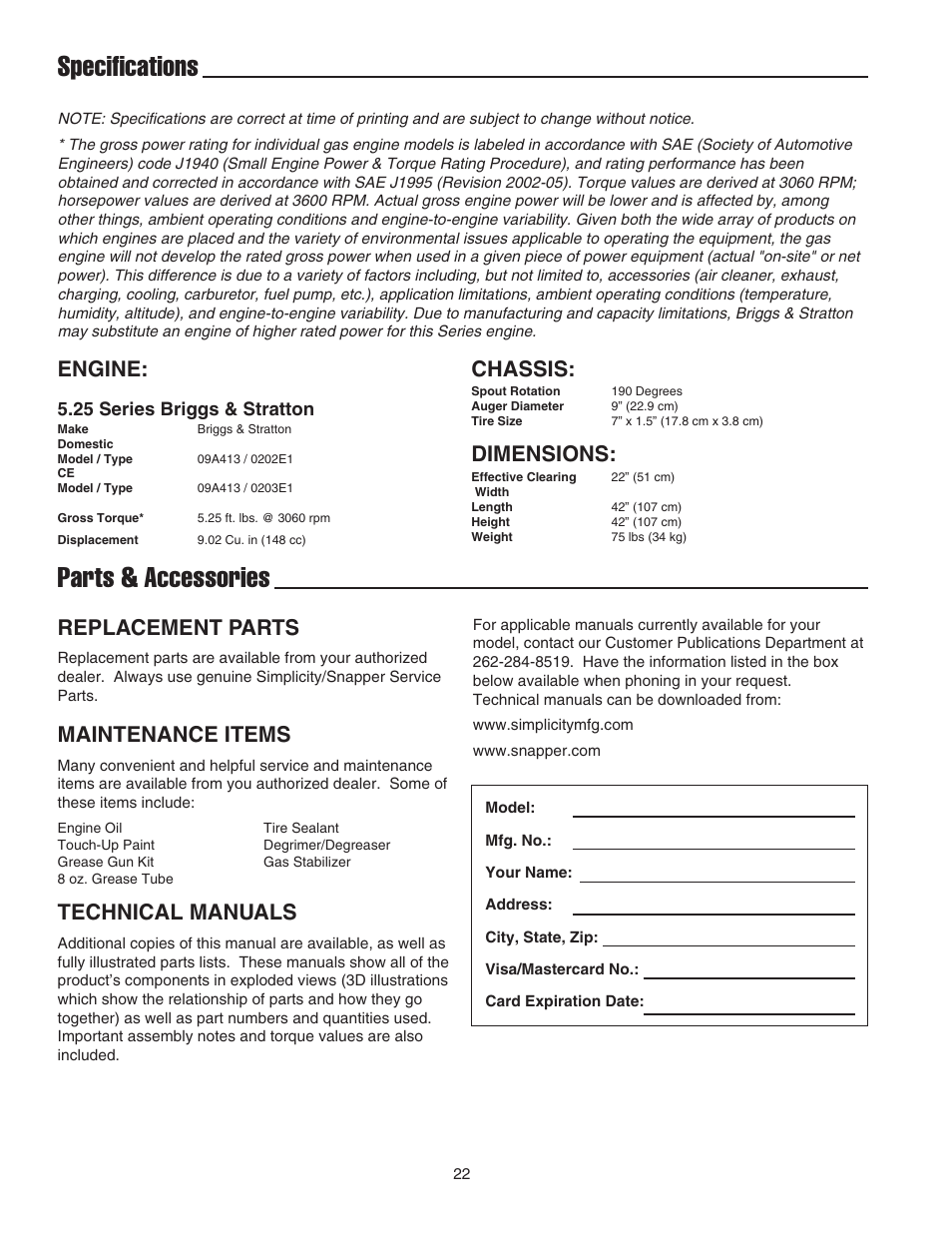 Specifications parts & accessories, Engine, Chassis | Dimensions, Replacement parts, Technical manuals, Maintenance items | Snapper 522E User Manual | Page 24 / 26