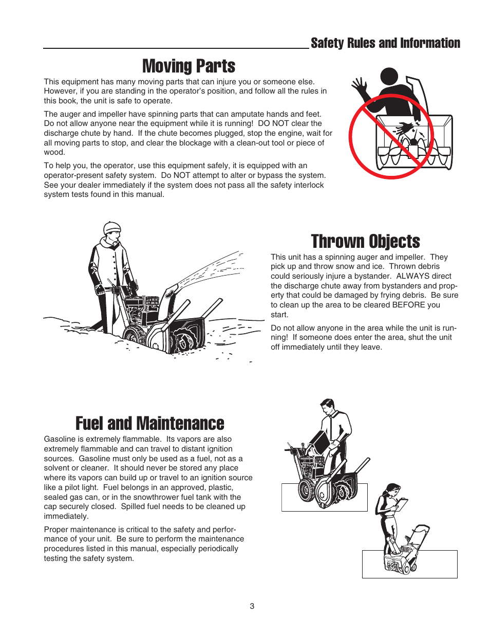 Moving parts, Thrown objects, Fuel and maintenance | Safety rules and information | Snapper 522E User Manual | Page 5 / 26