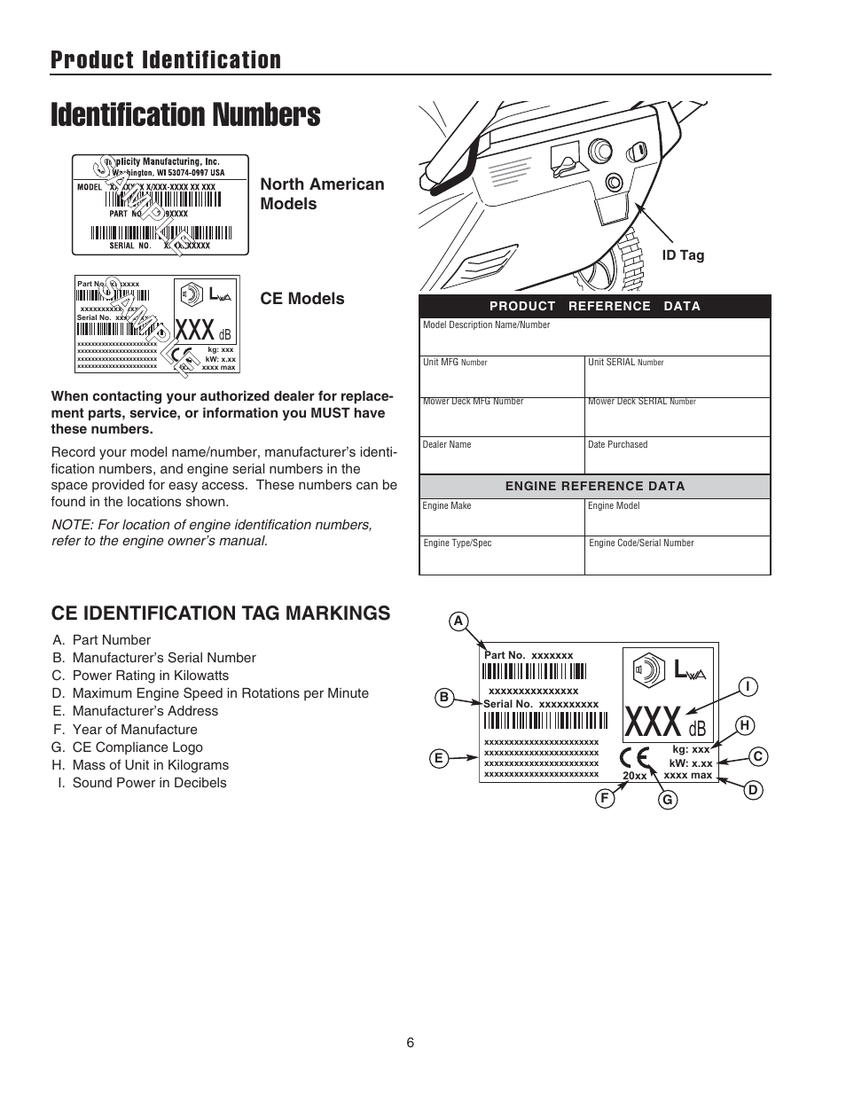 Identification numbers, Product identification | Snapper 522E User Manual | Page 8 / 26