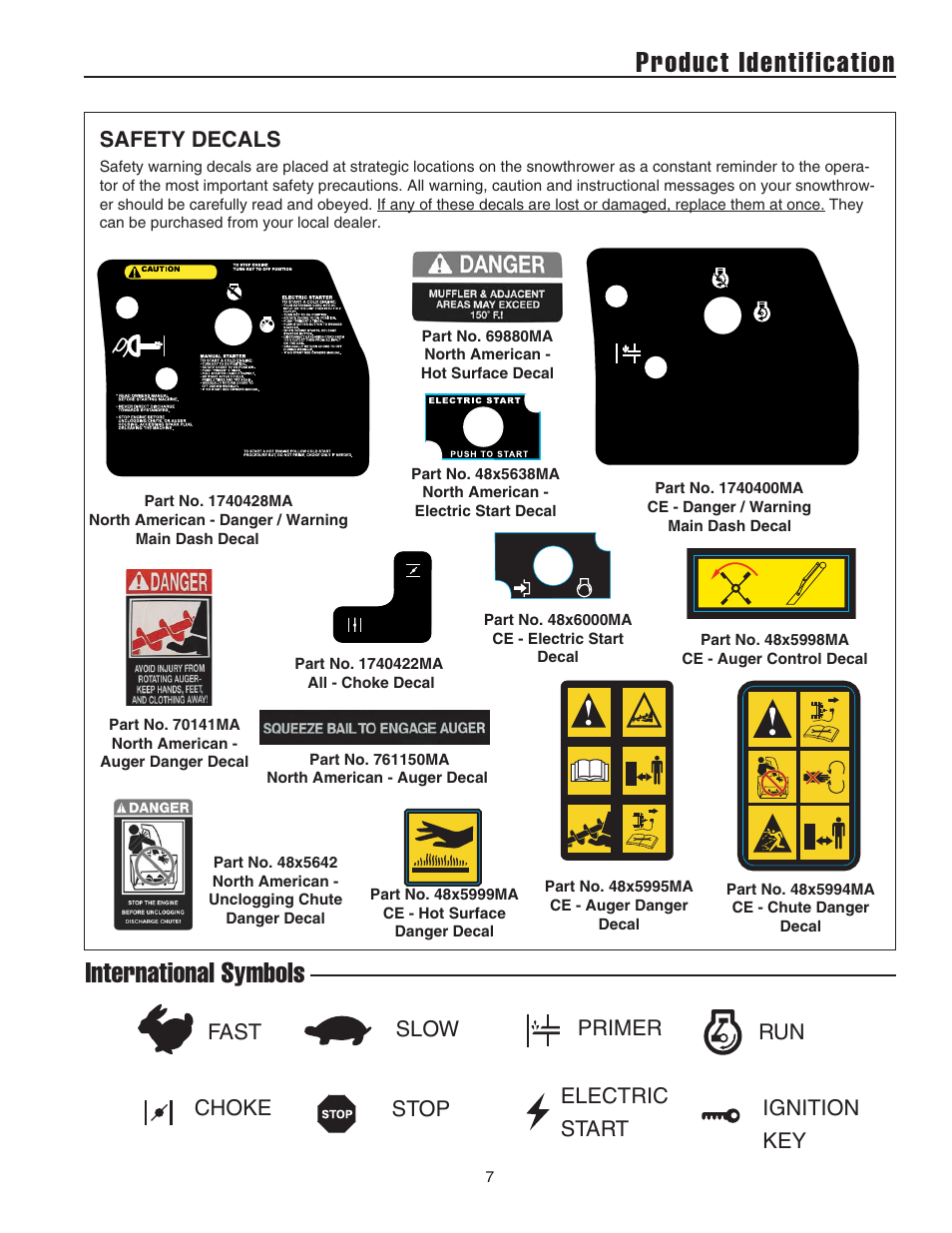 Product identification, International symbols, Safety decals | Snapper 522E User Manual | Page 9 / 26