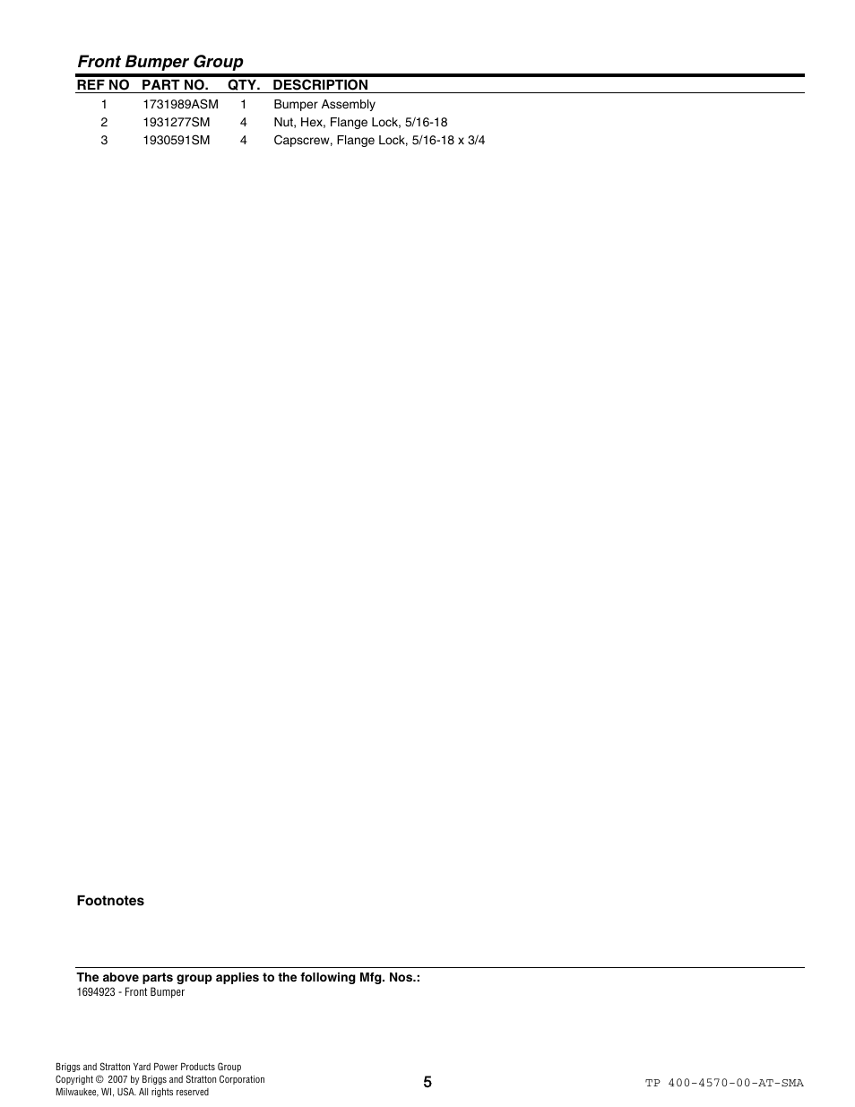 Front bumper group | Snapper 4570 User Manual | Page 5 / 8