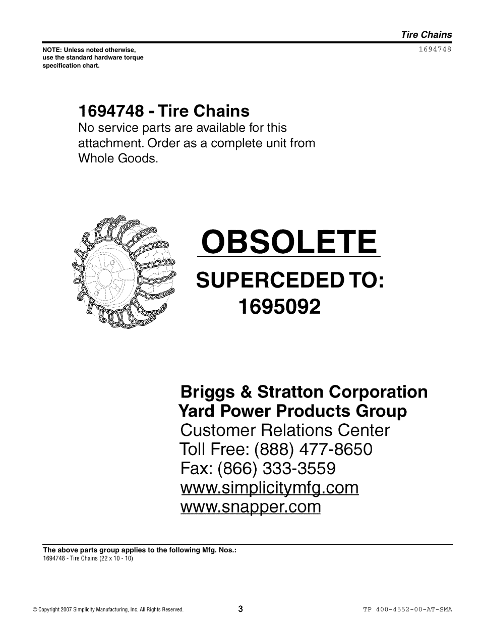 Tire chains | Snapper 4552 User Manual | Page 3 / 4