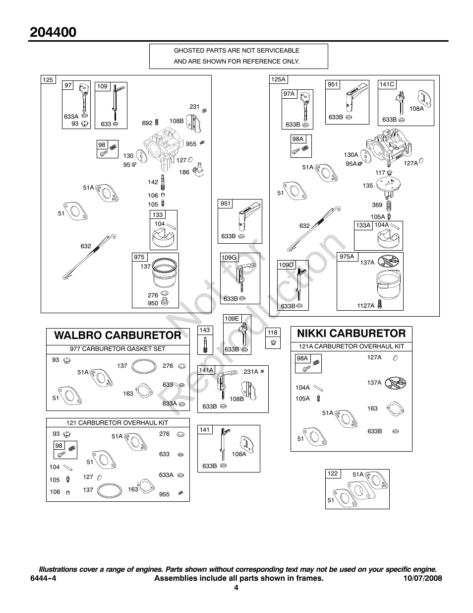 Not for reproduction, Walbro carburetor nikki carburetor | Snapper 204400 User Manual | Page 4 / 20