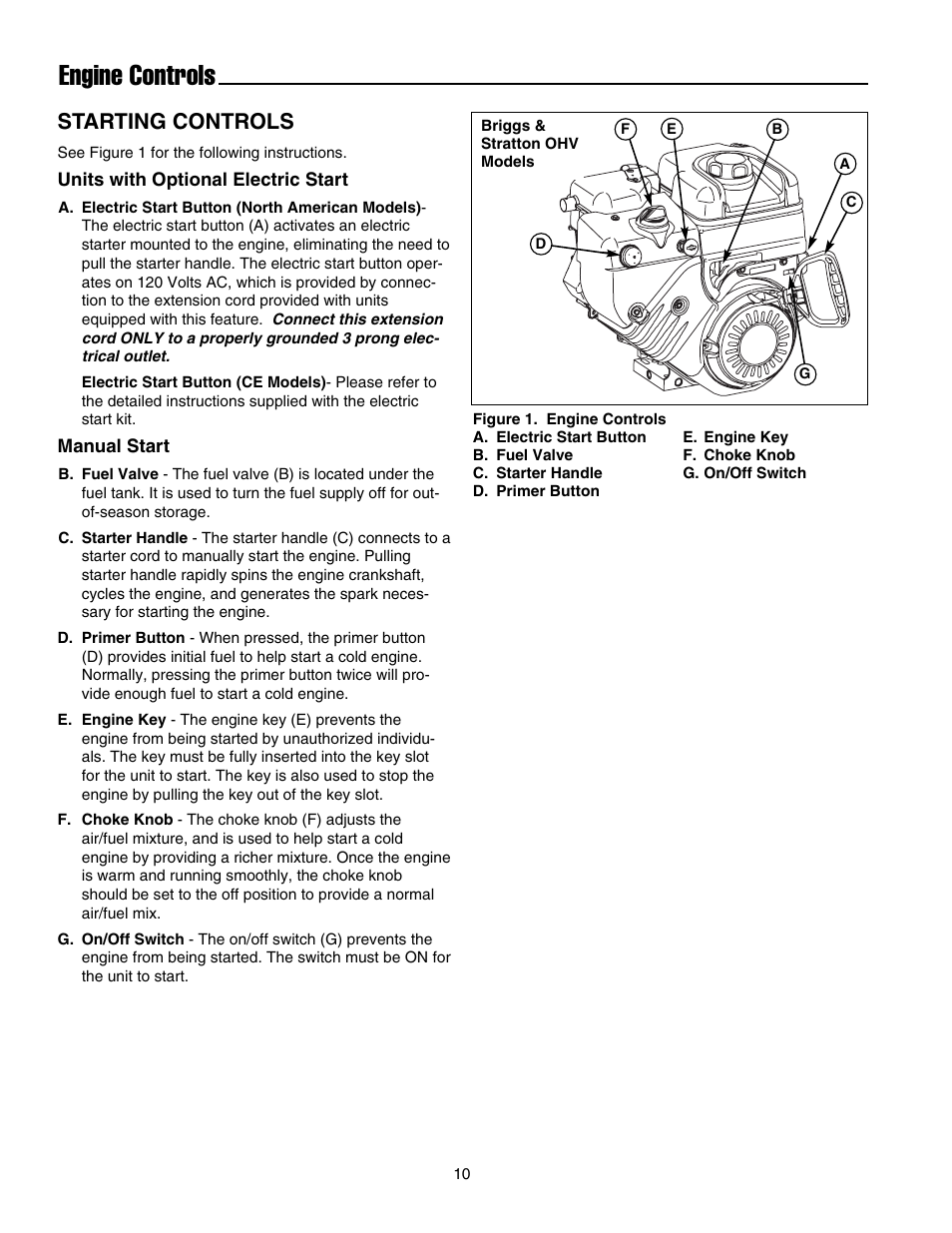 Engine controls, Starting controls | Snapper E175246E User Manual | Page 11 / 32