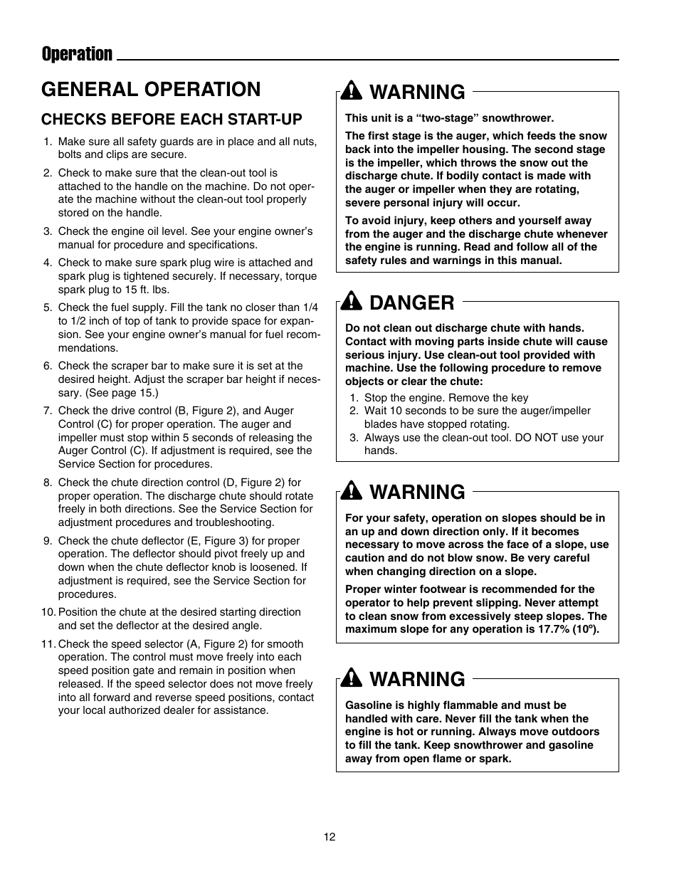 Operation general operation, Warning, Danger | Checks before each start-up | Snapper E175246E User Manual | Page 13 / 32