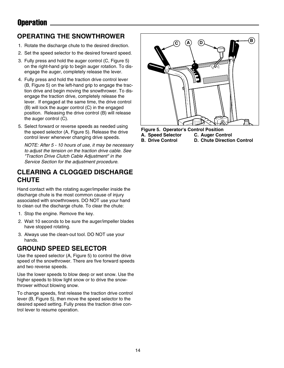 Operation, Operating the snowthrower, Clearing a clogged discharge chute | Ground speed selector | Snapper E175246E User Manual | Page 15 / 32