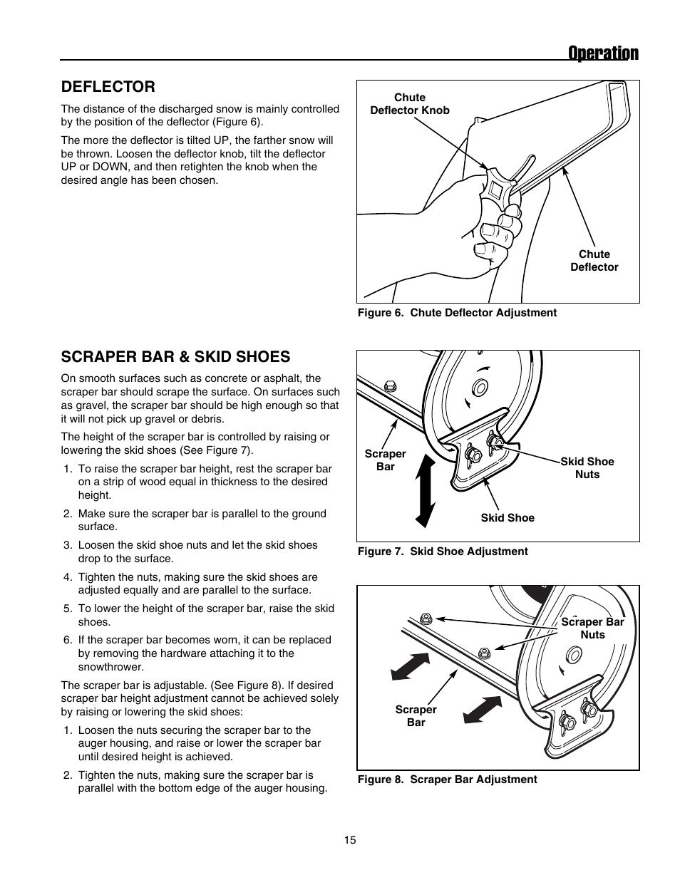 Operation, Deflector, Scraper bar & skid shoes | Snapper E175246E User Manual | Page 16 / 32