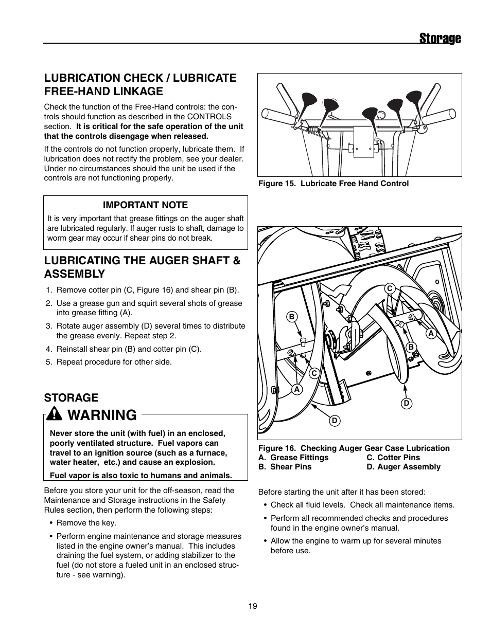 Storage, Warning, Lubrication check / lubricate free-hand linkage | Lubricating the auger shaft & assembly | Snapper E175246E User Manual | Page 20 / 32