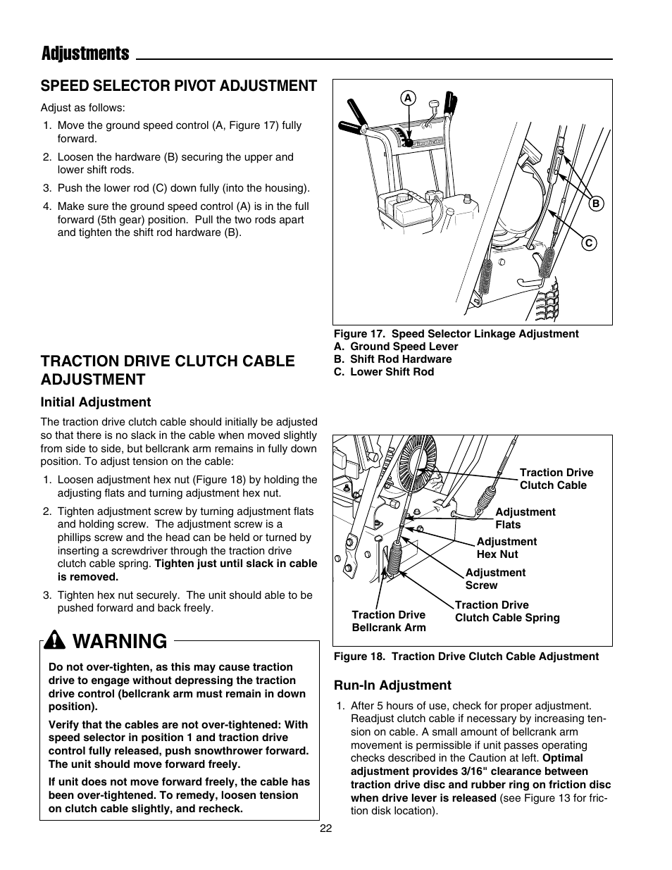 Adjustments, Warning, Speed selector pivot adjustment | Traction drive clutch cable adjustment | Snapper E175246E User Manual | Page 23 / 32