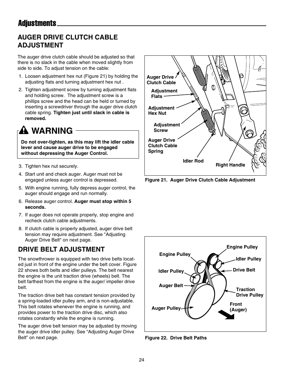 Adjustments, Warning, Auger drive clutch cable adjustment | Drive belt adjustment | Snapper E175246E User Manual | Page 25 / 32