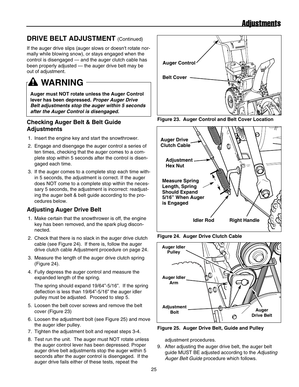 Adjustments, Warning, Drive belt adjustment | Snapper E175246E User Manual | Page 26 / 32