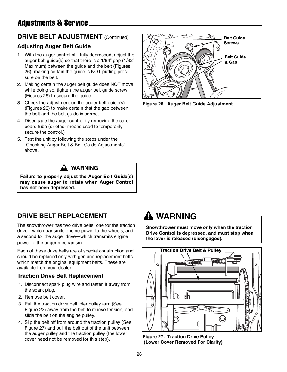 Adjustments & service, Warning, Drive belt adjustment | Drive belt replacement | Snapper E175246E User Manual | Page 27 / 32