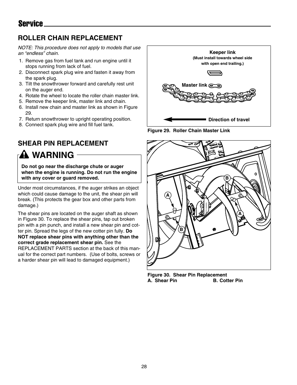 Service, Warning, Shear pin replacement | Roller chain replacement | Snapper E175246E User Manual | Page 29 / 32