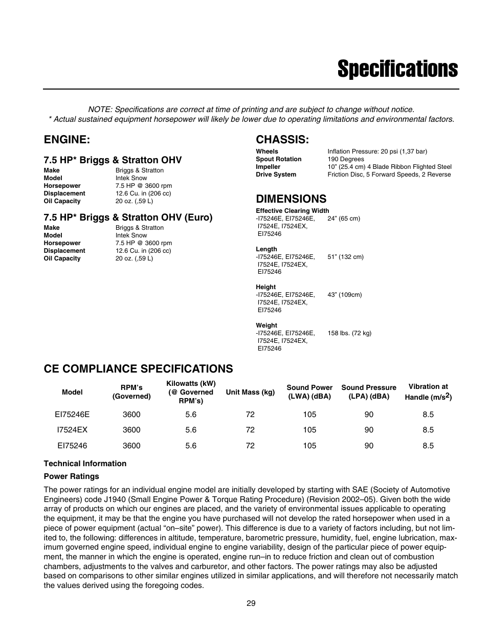 Specifications, Engine, Chassis | Dimensions, Ce compliance specifications, 5 hp* briggs & stratton ohv, 5 hp* briggs & stratton ohv (euro) | Snapper E175246E User Manual | Page 30 / 32