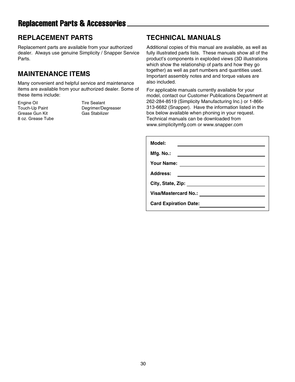 Replacement parts, Technical manuals, Maintenance items | Snapper E175246E User Manual | Page 31 / 32