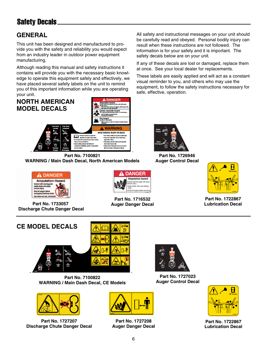 Safety decals, General, Ce model decals north american model decals | Snapper E175246E User Manual | Page 7 / 32