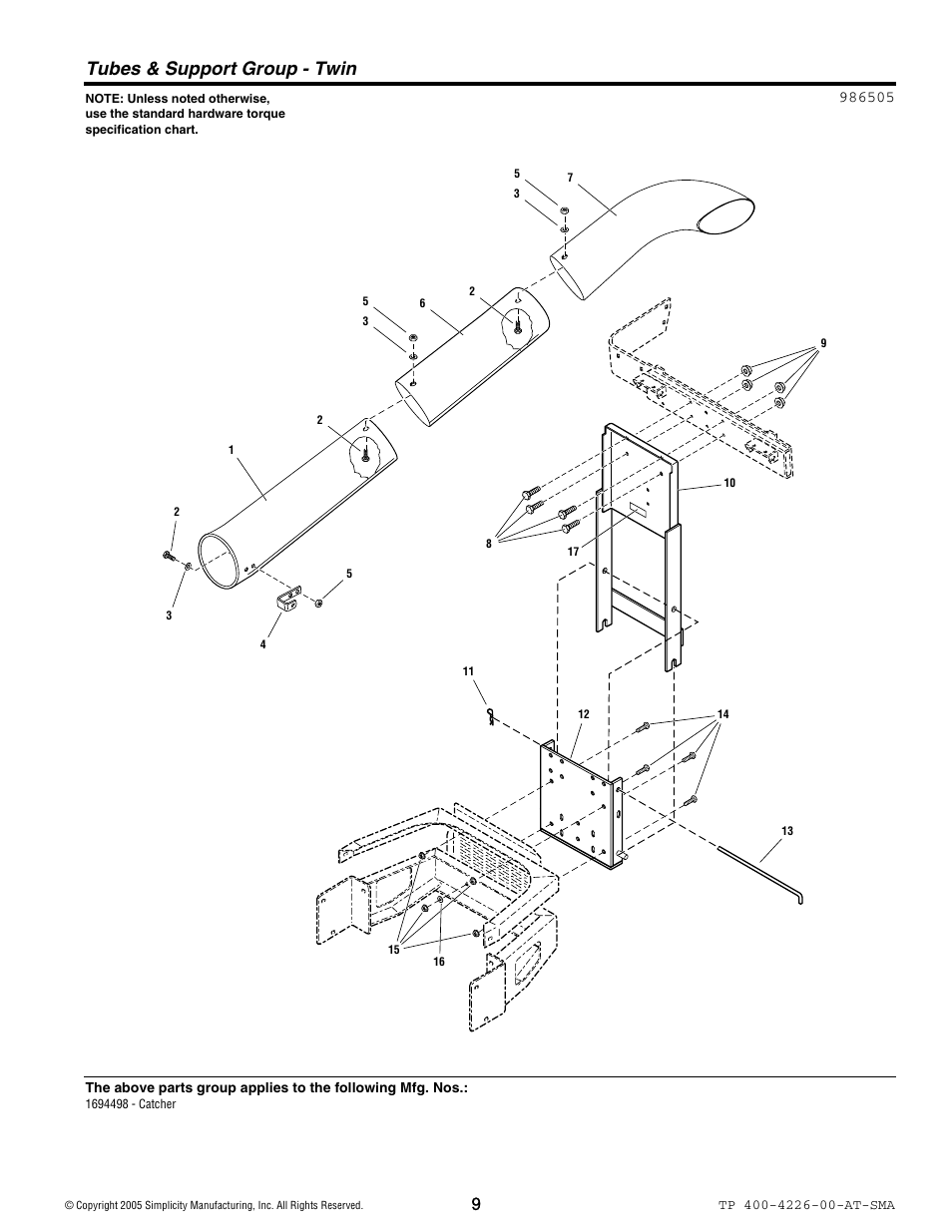 Tubes & support group - twin | Snapper TP 400 User Manual | Page 10 / 12