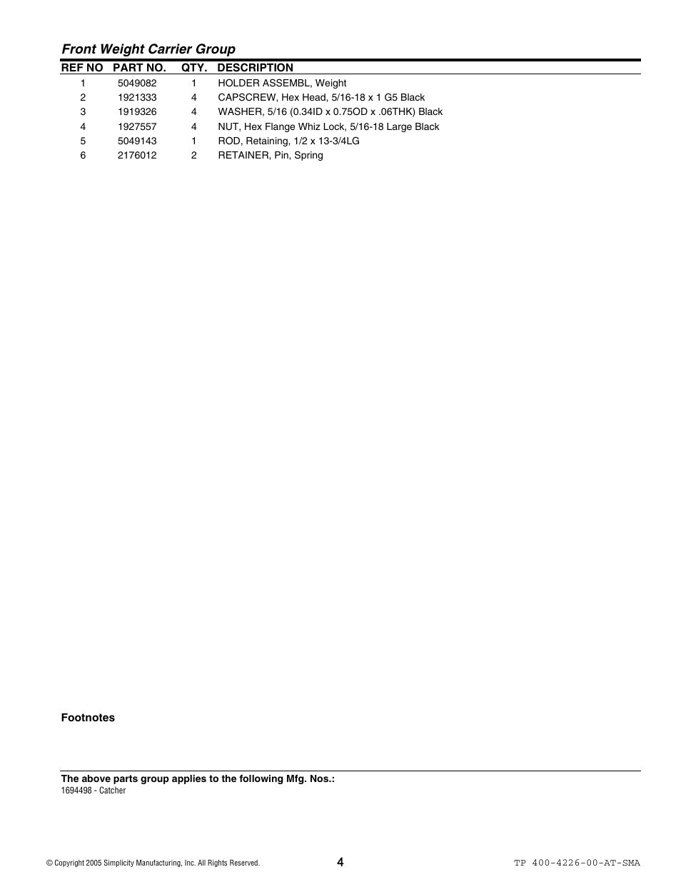 Front weight carrier group | Snapper TP 400 User Manual | Page 5 / 12