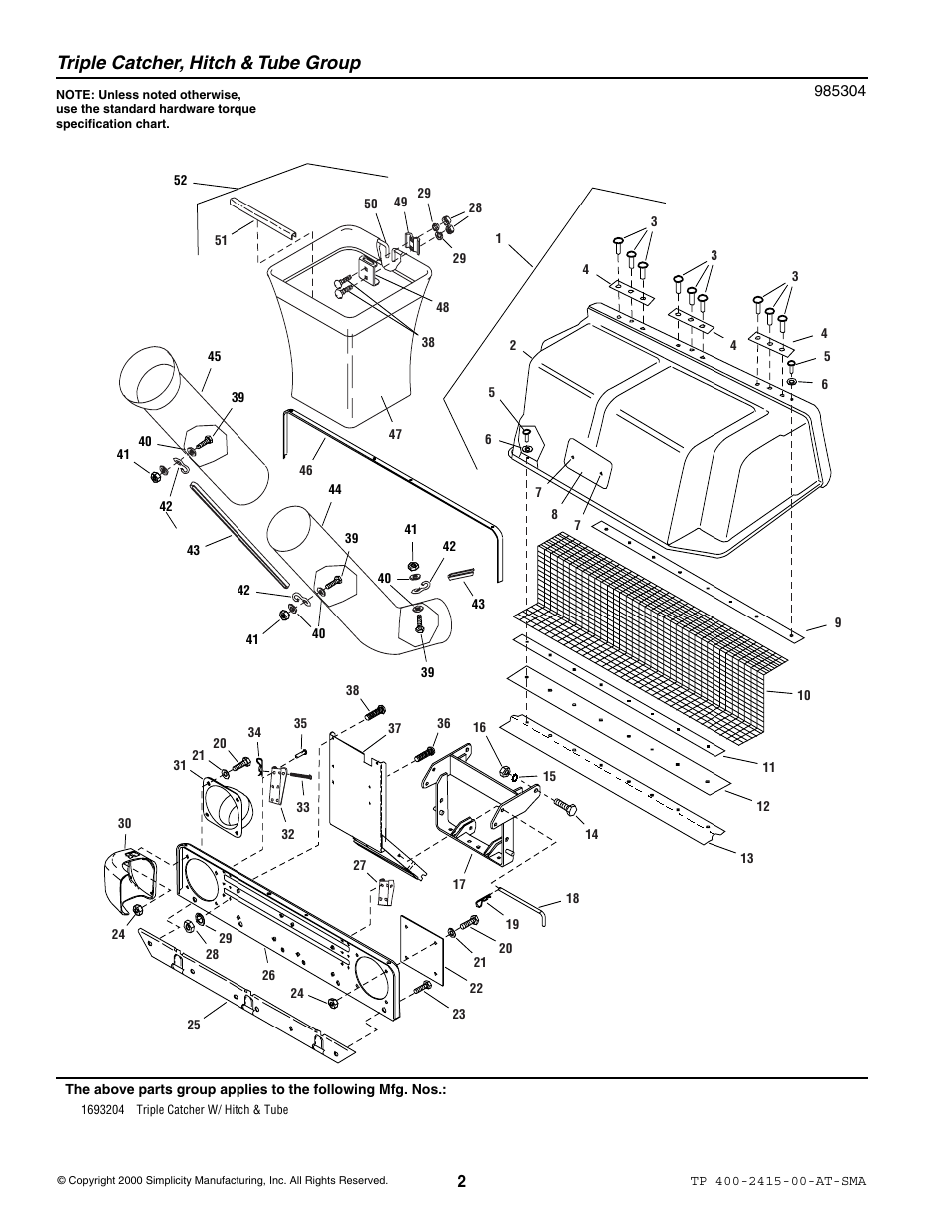 Triple catcher, hitch & tube group | Snapper 2415 User Manual | Page 2 / 5