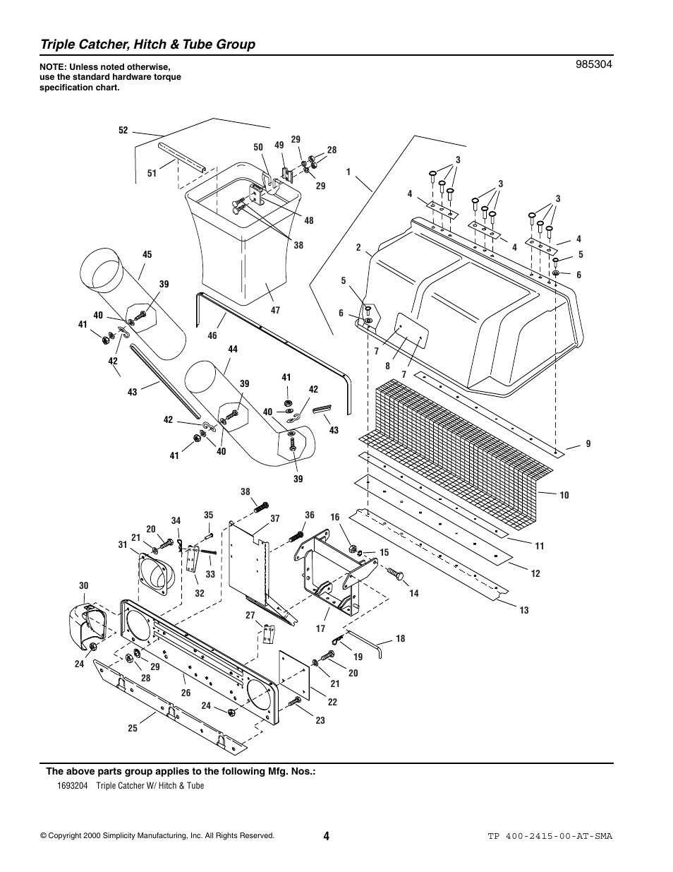Triple catcher, hitch & tube group | Snapper 2415 User Manual | Page 4 / 5