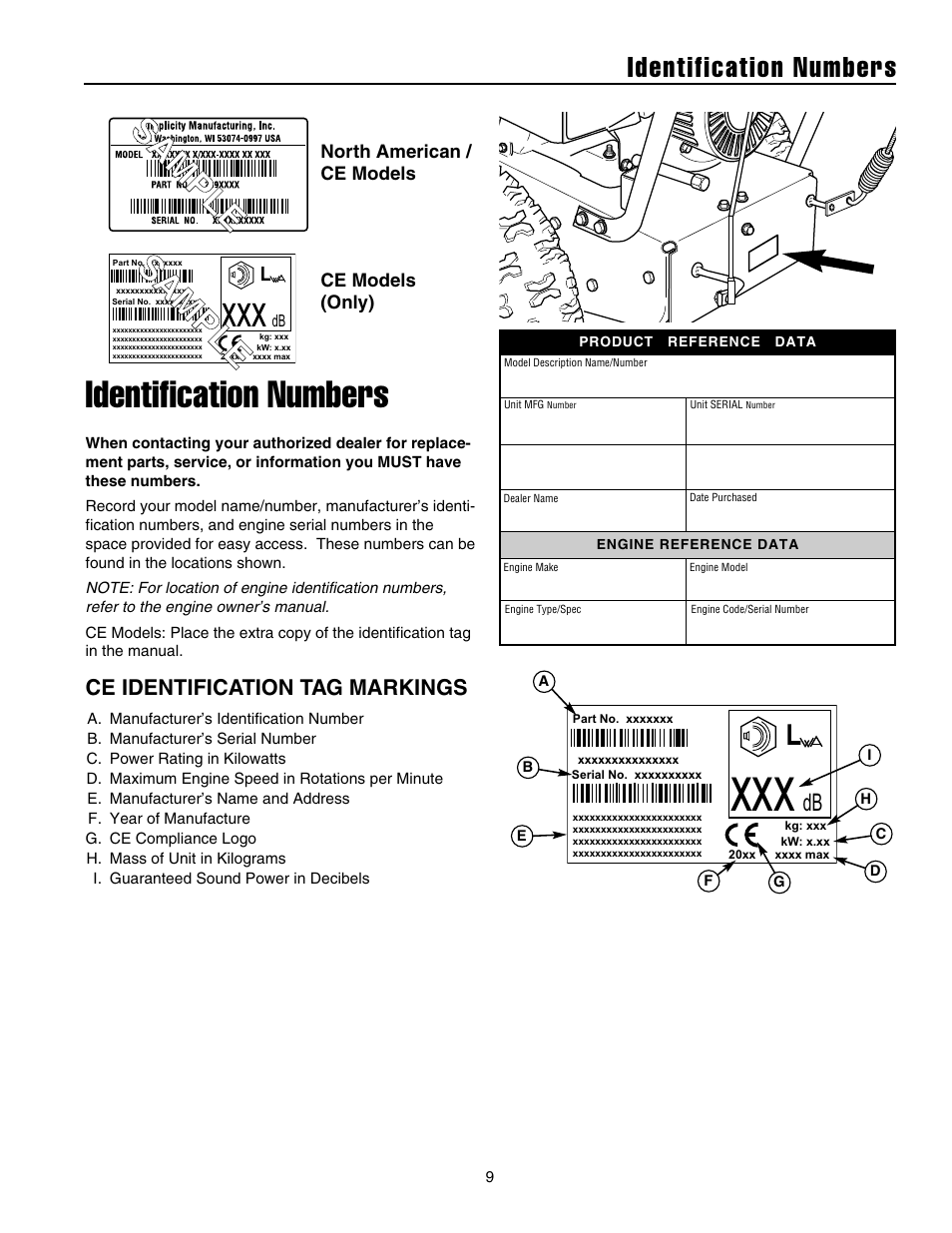 Identification numbers, Ce identification tag markings | Snapper 1632E User Manual | Page 10 / 36