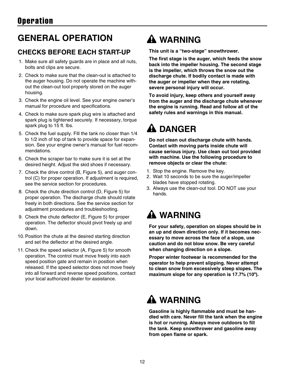 Operation, General operation, Warning | Danger, Checks before each start-up | Snapper 1632E User Manual | Page 13 / 36