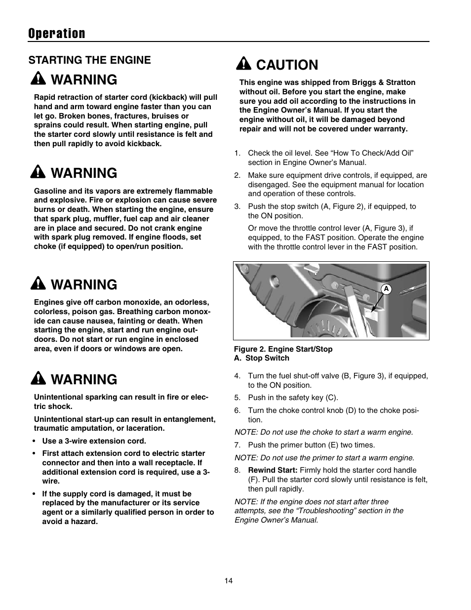 Operation, Warning, Caution | Starting the engine | Snapper 1632E User Manual | Page 15 / 36