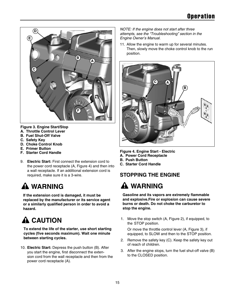 Operation, Warning, Caution | Stopping the engine | Snapper 1632E User Manual | Page 16 / 36