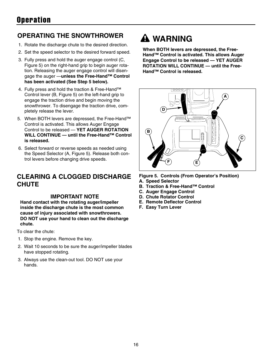 Operation, Warning, Clearing a clogged discharge chute | Operating the snowthrower | Snapper 1632E User Manual | Page 17 / 36