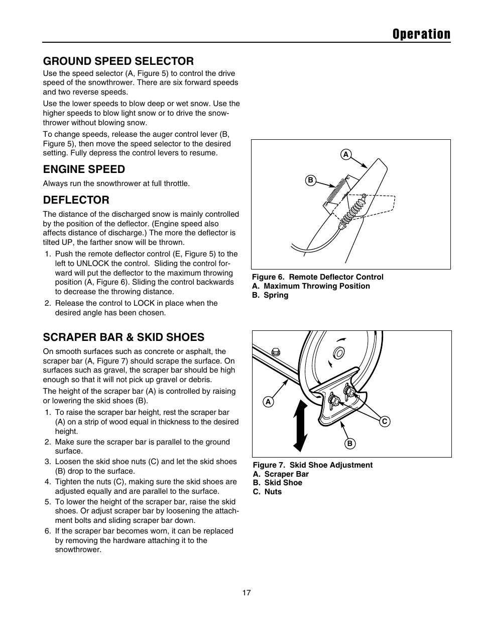 Operation, Ground speed selector, Engine speed | Deflector, Scraper bar & skid shoes | Snapper 1632E User Manual | Page 18 / 36