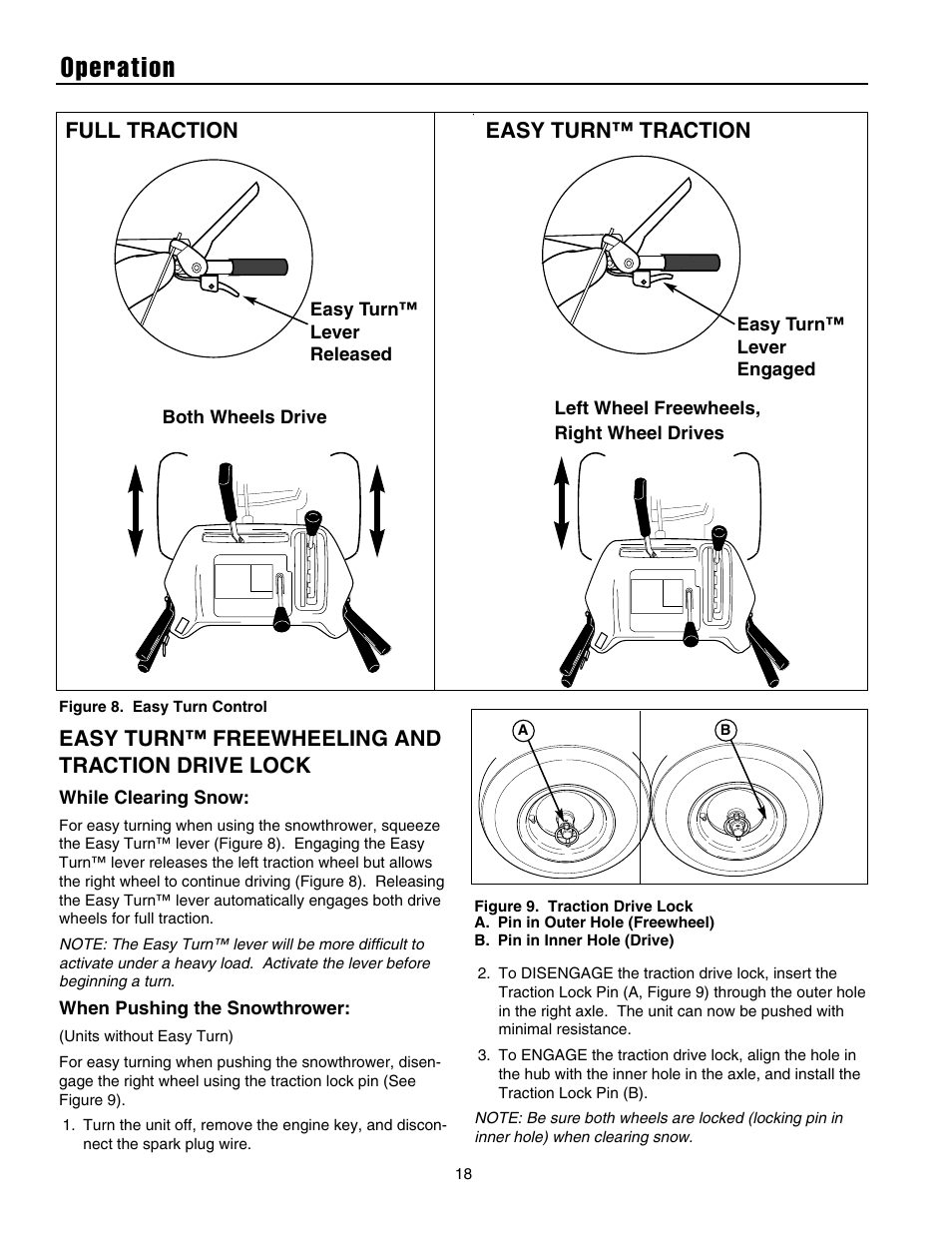 Operation, Easy turn™ freewheeling and traction drive lock, Full traction easy turn™ traction | Snapper 1632E User Manual | Page 19 / 36