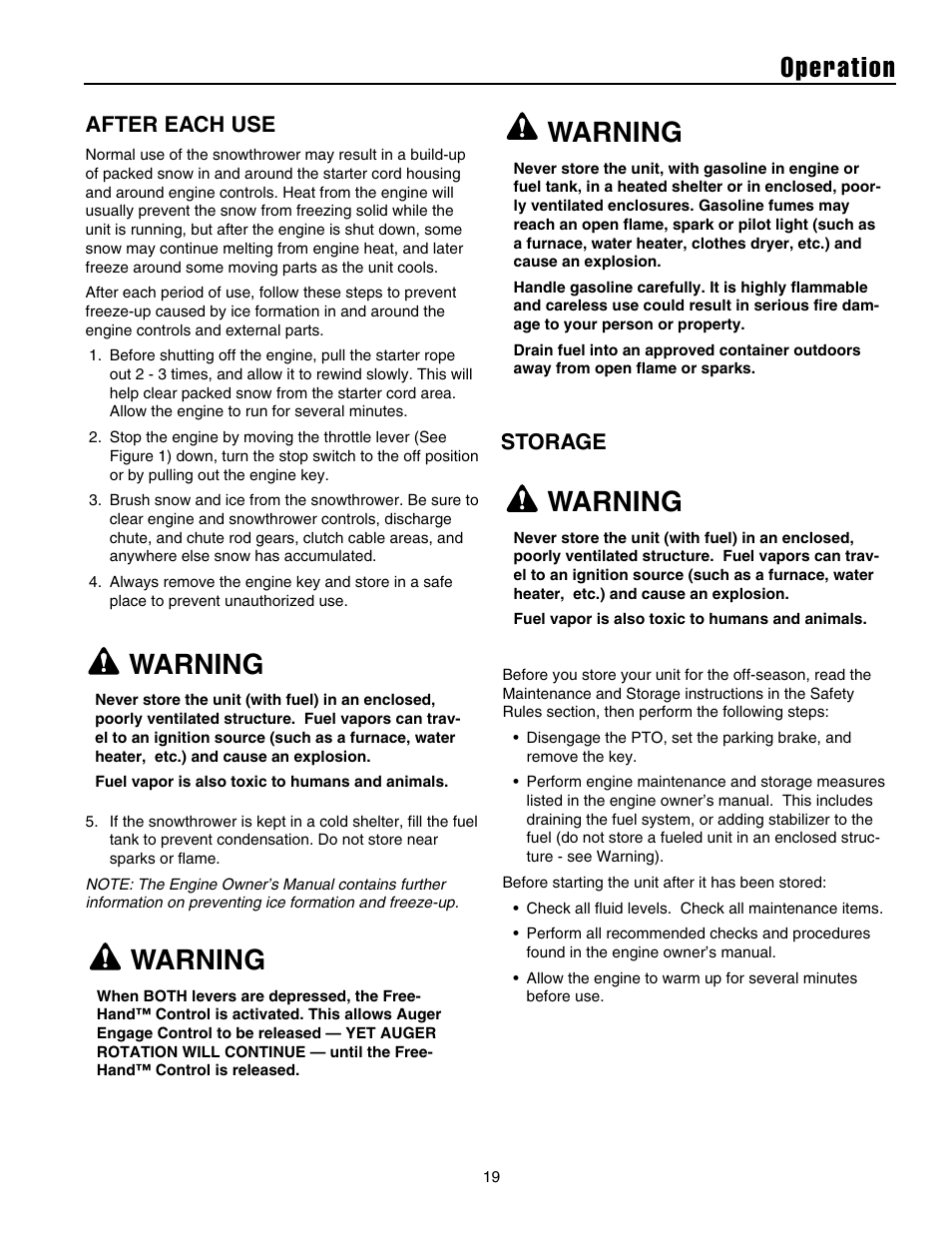 Operation, Warning, After each use | Storage | Snapper 1632E User Manual | Page 20 / 36