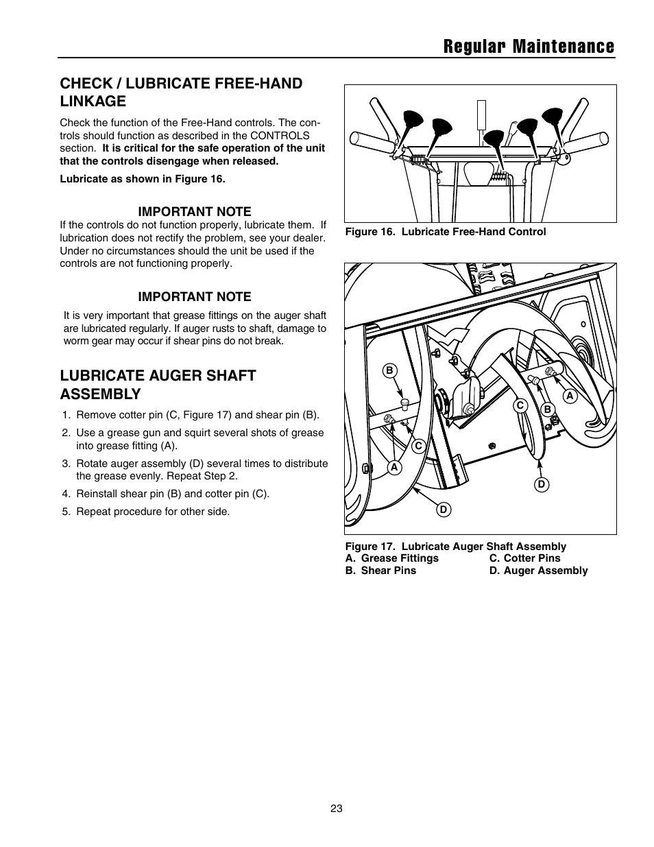 Regular maintenance, Check / lubricate free-hand linkage, Lubricate auger shaft assembly | Snapper 1632E User Manual | Page 24 / 36