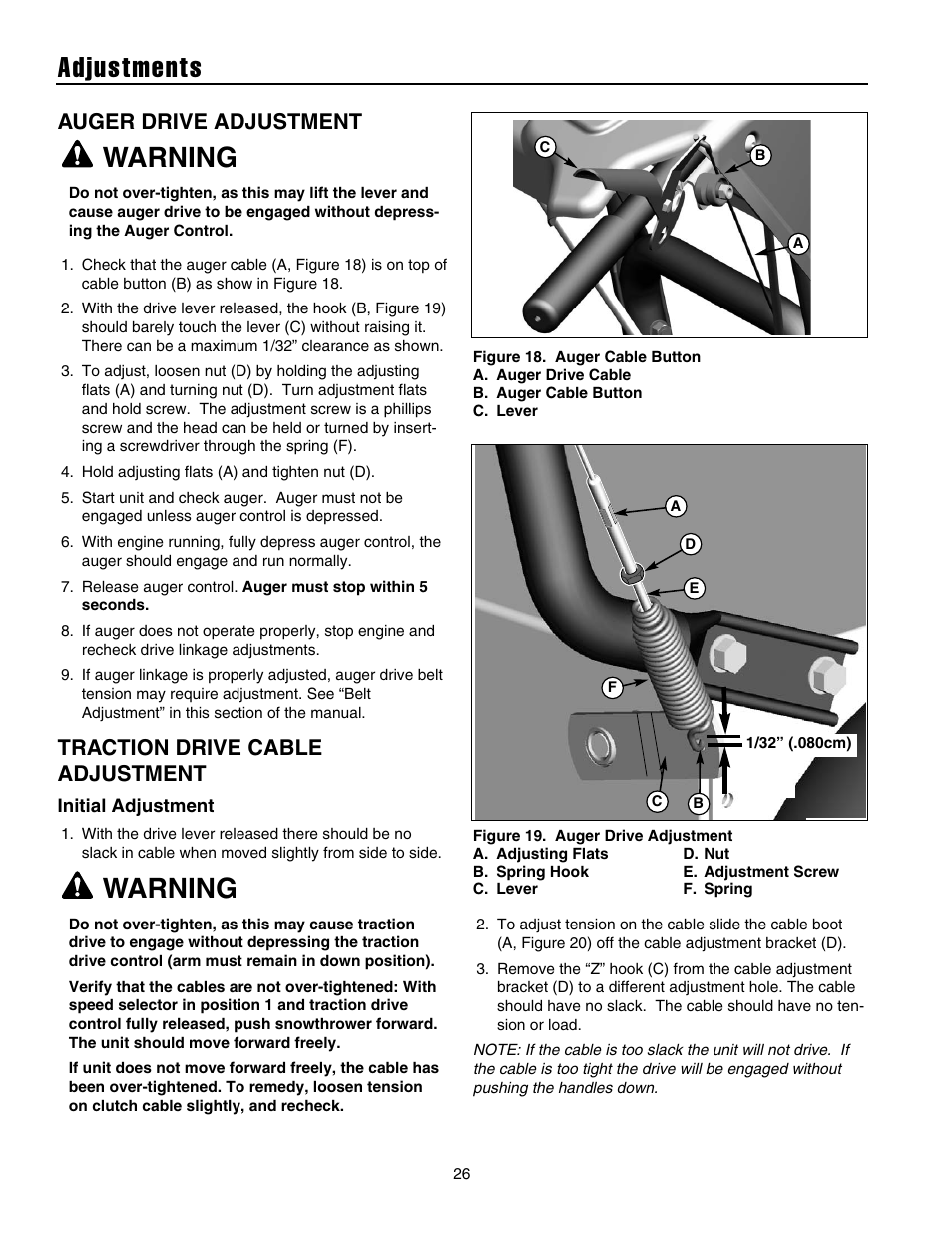 Adjustments, Warning, Auger drive adjustment | Traction drive cable adjustment | Snapper 1632E User Manual | Page 27 / 36
