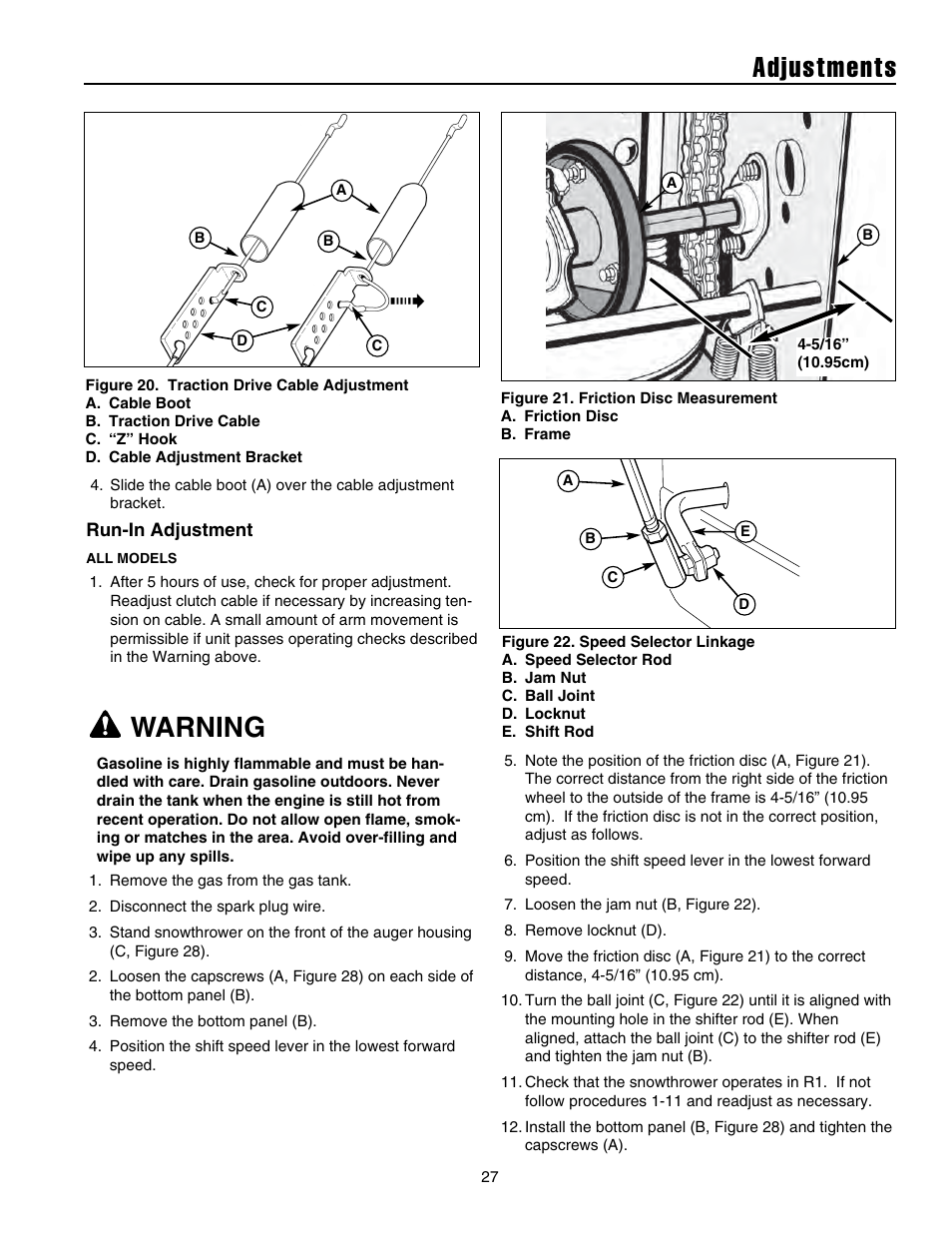 Adjustments, Warning | Snapper 1632E User Manual | Page 28 / 36