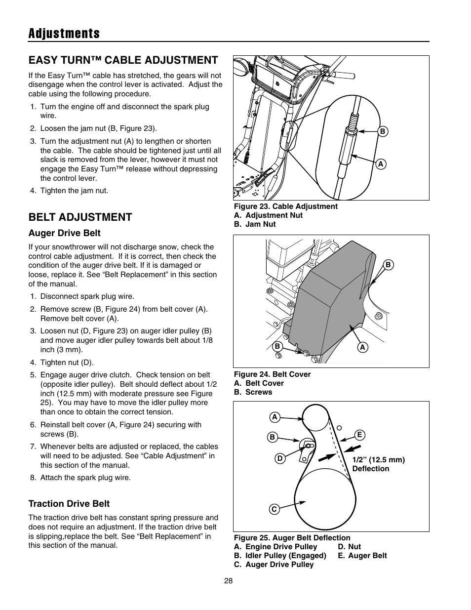 Adjustments, Easy turn™ cable adjustment, Belt adjustment | Snapper 1632E User Manual | Page 29 / 36