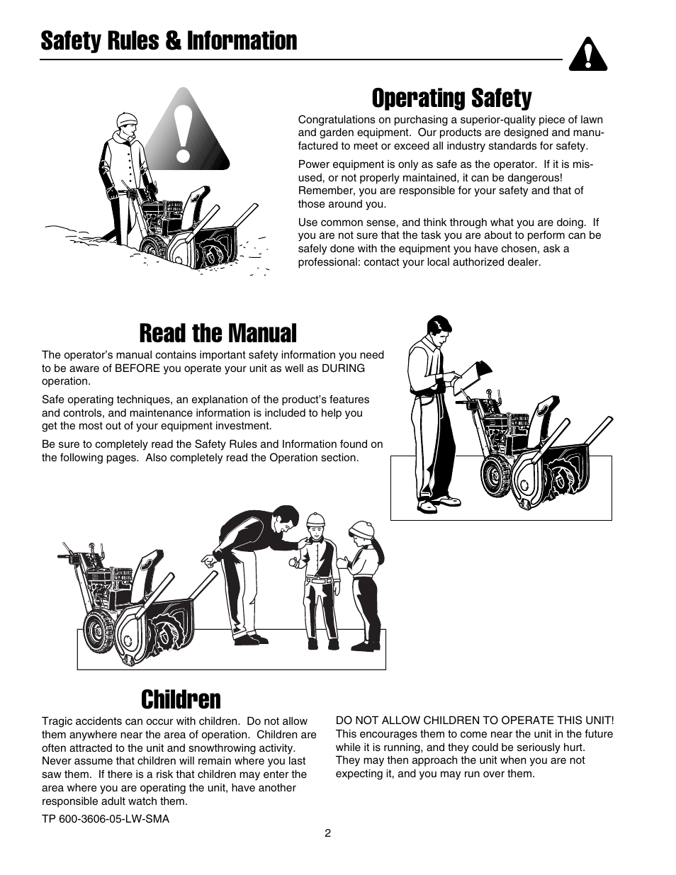 Operating safety, Read the manual, Children | Safety rules & information | Snapper 1632E User Manual | Page 3 / 36